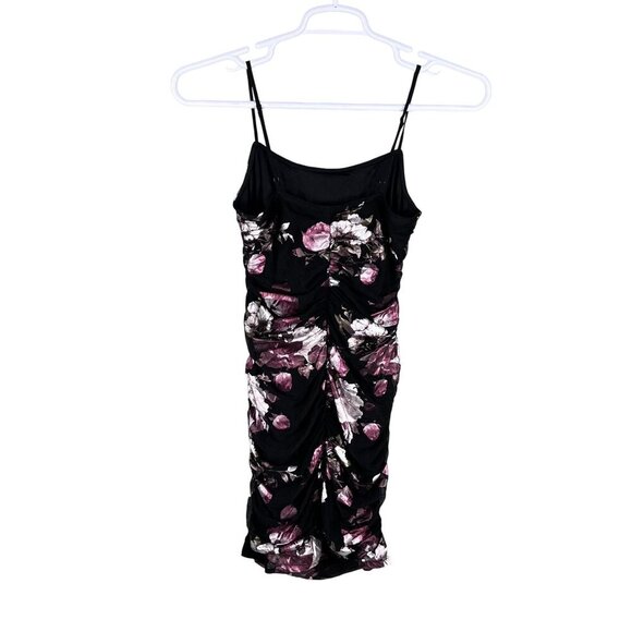 Black Foiled Pink Floral Ruched Mini Dress Bodycon Coquette Whimsigoth Womens S - Picture 9 of 16